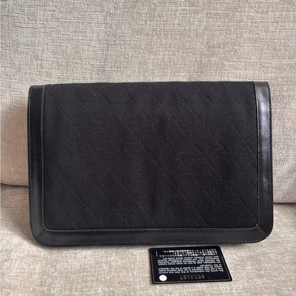 Authentic CHANEL coco mark cotton jersey push lock black leather vintage clutch - Picture 7 of 12